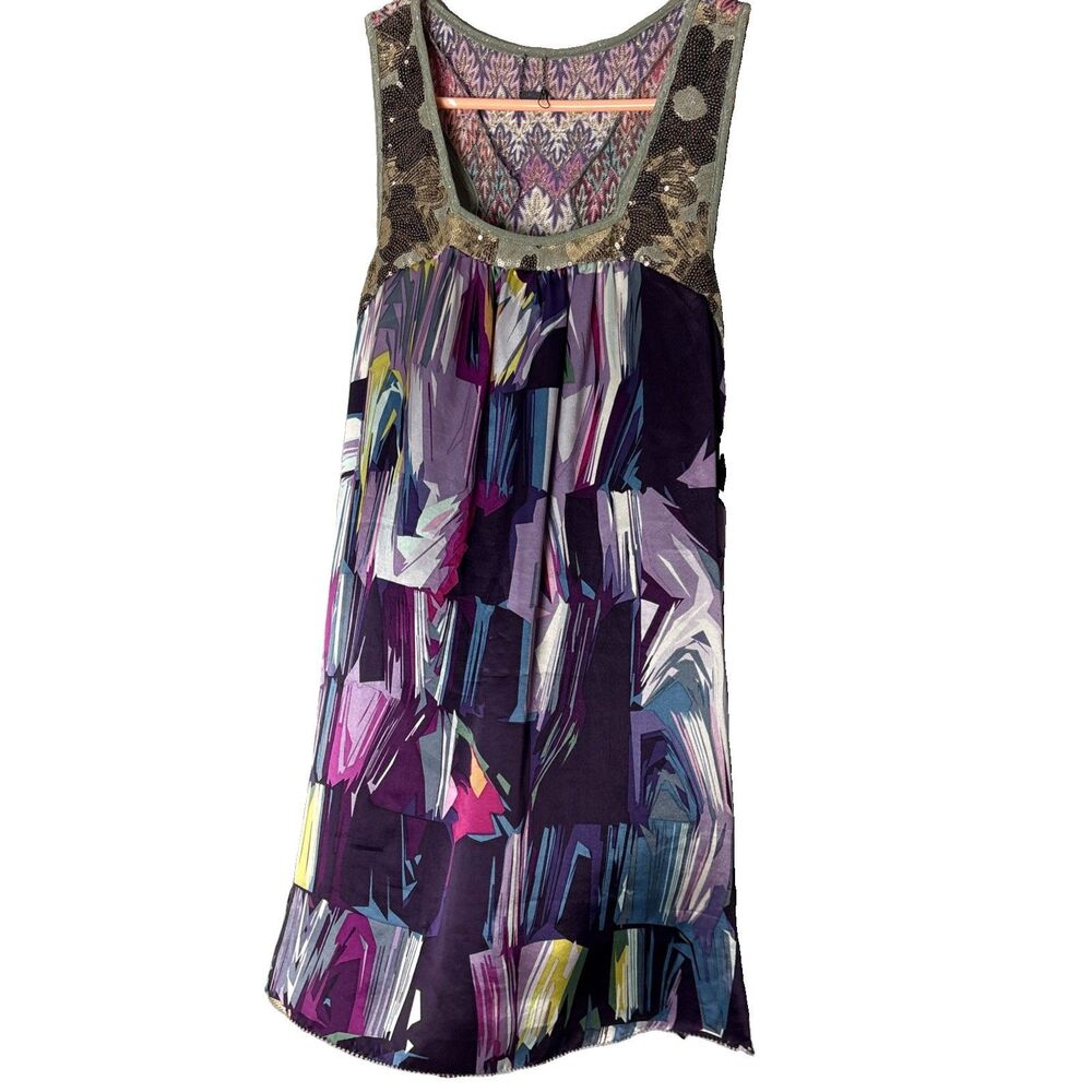 Custo Barcelona Mix Media Funky Artsy Print Sequins Metallic Sleeveless Top M